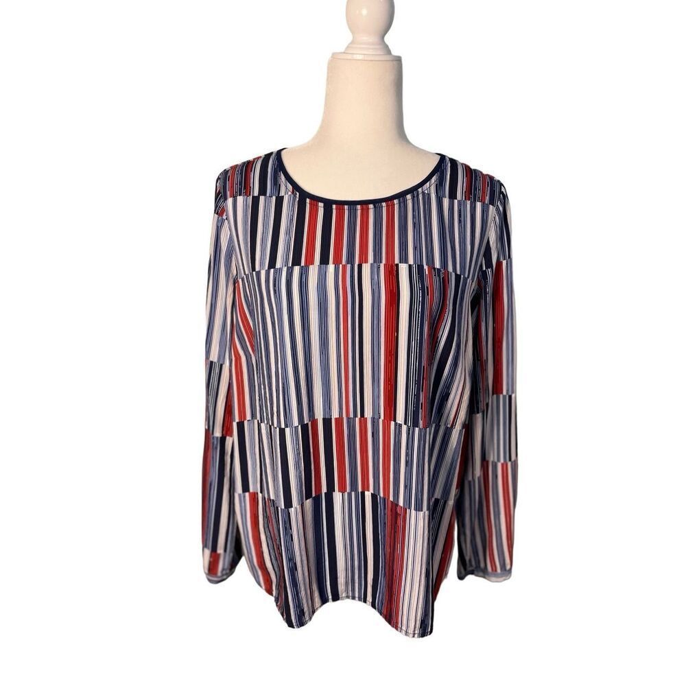 FDJ red and blue striped block pattern long sleeve boxy blouse - 6